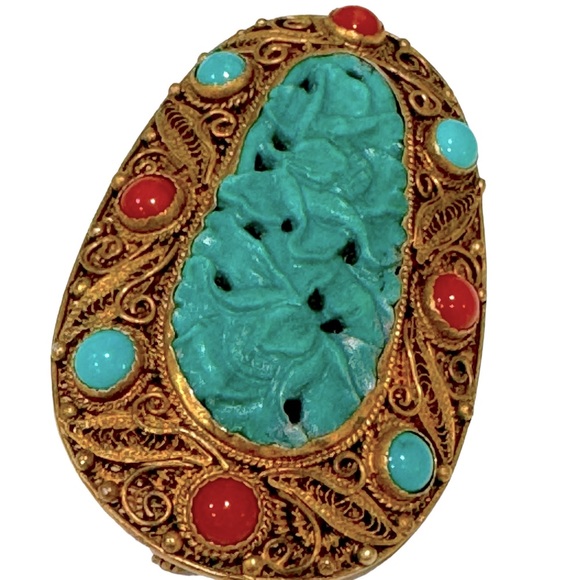 Vintage deco brooch features turquoise and coral stones. EUC - Picture 2 of 4